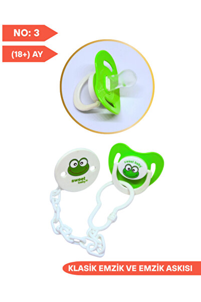 SWEET BABY Klasik Silikon Emzik ve Emzik Askısı No:3, 18+ Ay Yeşil Kurbağa De...