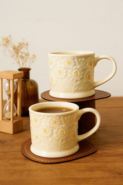 Anadolu Saray 2 Pcs Handmade Ceramic Embossed Motif Daisy Design Mug Mug Cup