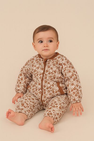 minibambi Brown Baby Girl Romper - Fleece and Floral Print