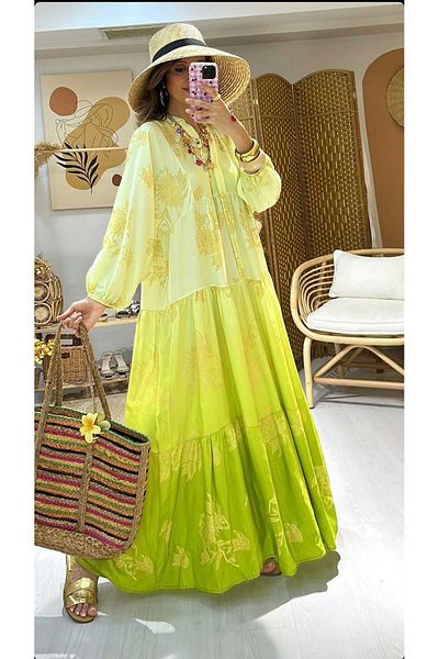 QUAWEAR V-Neck Gold Foil Printed Glittery Viscose Fabric Full Length Dress