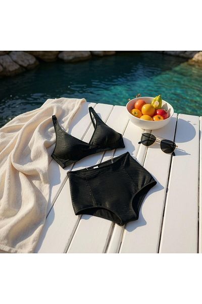 TooHot Γυναικείο Σετ μπικίνι με λουράκι με ψηλόμεσο γυαλιστερό μαύρο τρίγωνο