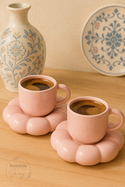 Anadolu Saray 2 Adet El Yapımı Seramik Pembe Papatya Model Handmade Türk Kahvesi Fincan Seti 90ml