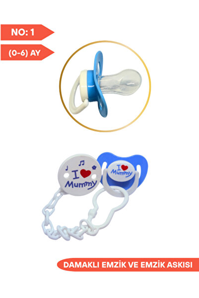 SWEET BABY Damaklı Silikon Emzik ve Emzik Askısı No:1, 0-6 Ay Mavi Rengi İ Love Mummy Desenli Bebek Emziği,