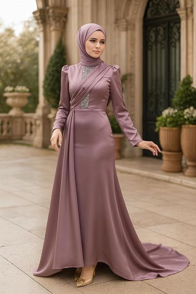 Neva Style Rochie de seară hijab din satin liliac cu trenă 22891lila