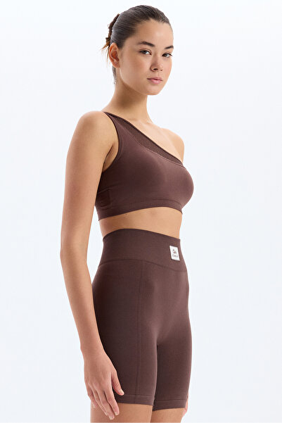 COMEUP Αθλητικό σουτιέν με διακοσμητικό πλέγμα με έναν ώμο σε χρώμα κακάο