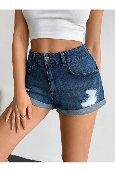 viking's line Kadın Yüksek Bel Katlamalı Paça Denim Şort Mavi