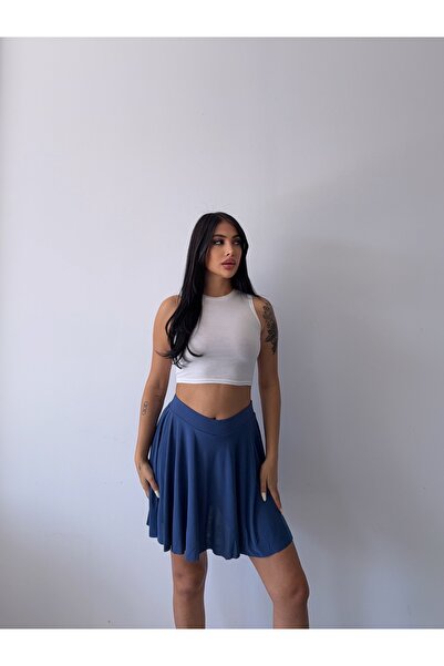 Moda ferfa Kadın Mavi Beli Lastikli Volanlı Kloş Içi Şortlu Etek
