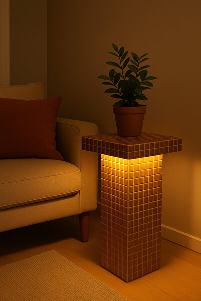 stork woods Işıklı Mozaik Yan Sehpa | LED Aydınlatmalı Modern Komodin | El Yapımı Dekoratif Sehpa Komodin