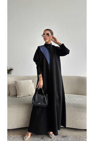 outline Luxurious black abaya with elegant navy blue details
