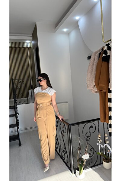 Butik Camel hardal renk straplez kemerli lastikli tulum