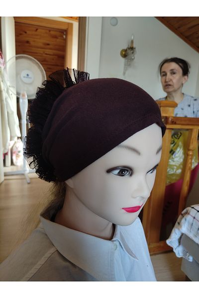 Tergek Frilly Inner Bun Bonnet Brown Cotton Combed Fabric Daily Women's Hijab Headscarf Ready Turban