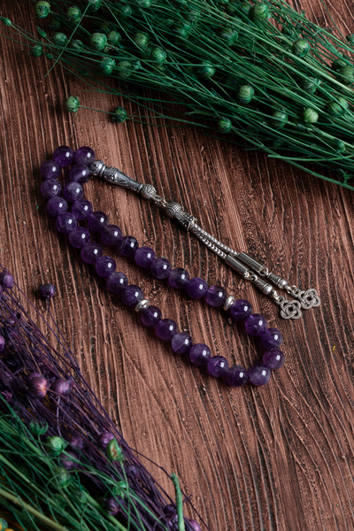 Alp Doğal Taş Orijinal Sertifikalı Ametist (8 mm) Doğal Taş Metal İmamiye Püskül Tespih