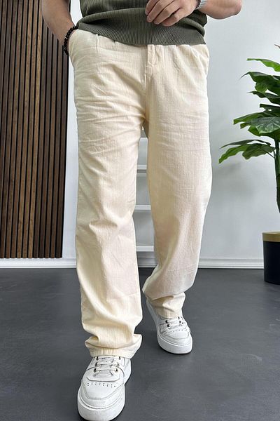 Edwox Men's Easy Nail Linen Trousers Cream Colord266