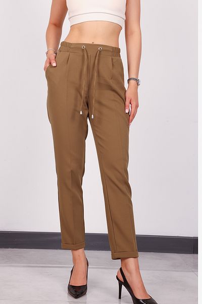 Stil Sepeti Women's Khaki High Waist Elastic Narrow Leg Double Pocket Trousers Drl-1000464793