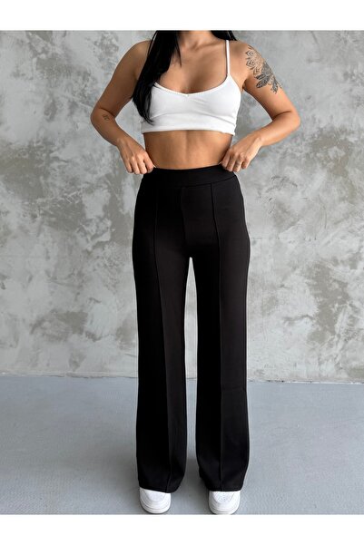 Moda ferfa بنطلون نسائي أسود عالي الخصر واسع الساقين من الأمام مصنوع من قماش ...