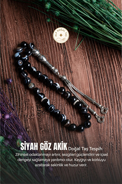 Alp Doğal Taş Orijinal Sertifikalı Siyah Göz Akik Doğal Taş Tespih (8 mm)