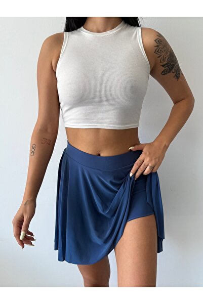 Moda ferfa Kadın Mavi Beli Lastikli Volanlı Kloş Içi Şortlu Etek
