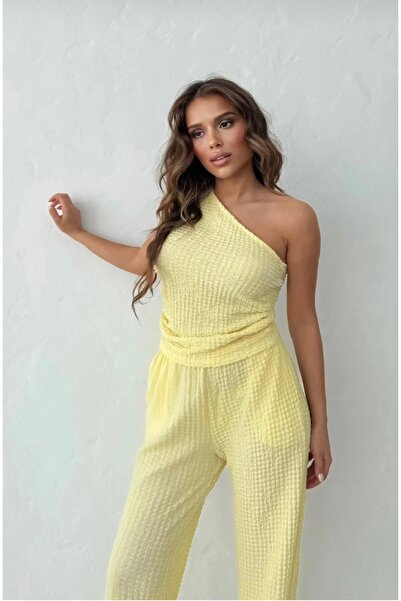 badibadii Seersucker Fabric One Shoulder Yellow Suit