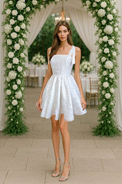 MHM STUDIO Beyaz Askı Bağlama Detaylı Mini Kloş Gelinlik After Parti Elbisesi