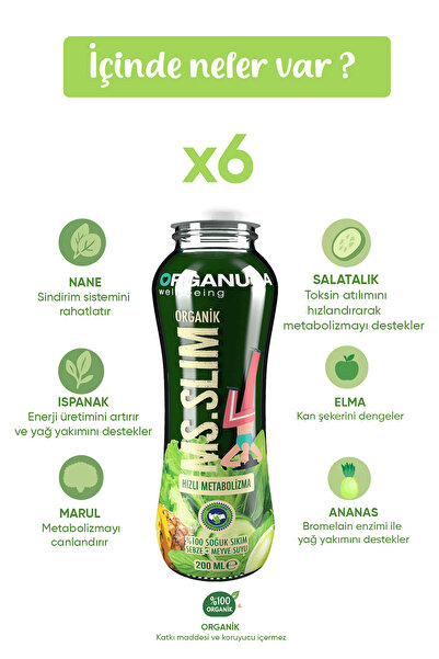 Organuca Organik Ms. Slim 6’lı Metabolizma Hızlandırmaya Yardımcı Detoks Suyu