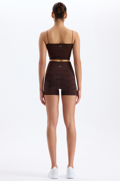 COMEUP Jakarlı Çiçek Desenli Kısa Spor Şort Kakao Kahve