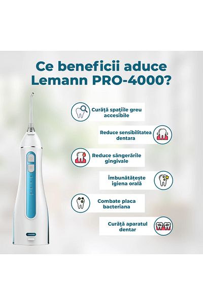 Lemann Irigator Oral Pro-4000, 1400 Pulsații/min, 4 Moduri, 5 Duze, 200ml, Alb-albastru