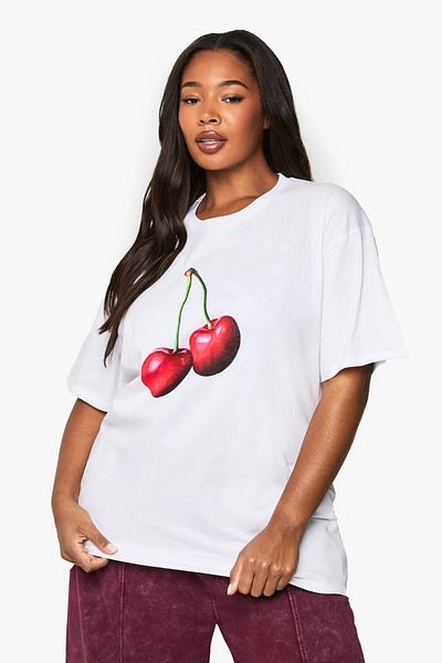 The Champ Clothing Women's Oversize White T-Shirt Cherry Printed Summer 100% Cotton Plus Size