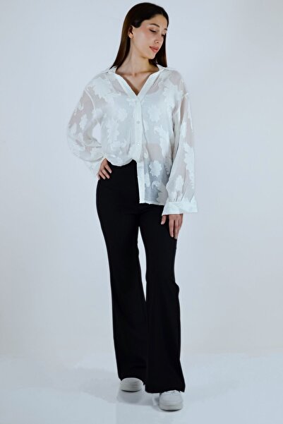 Qu Style Μακρυμάνικο πουκάμισο Jacquard Ecru