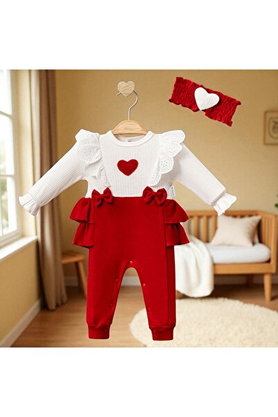 cayzen Luvvera Red Heart Bow Baby Girl Romper Set - Long Sleeve with Bandana