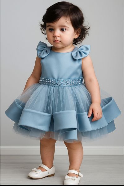 kent of kıds Baby Girl-Child Strap Bow and Bead Decoration Back Elastic Layered Evening Dress