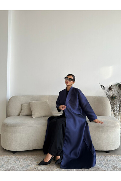 outline Luxurious navy blue blazer abaya with elegant mikado design