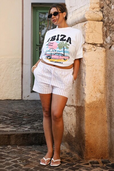 The Champ Clothing Plus Size Women's T-Shirt 100% Cotton Ibiza Printed Oversize White Summer