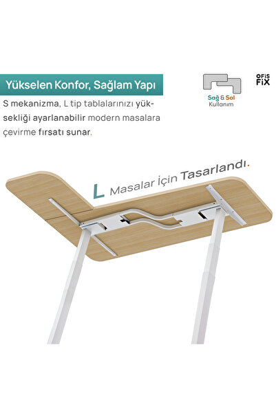 Ofisfix Beyaz Yükseklik Ayarlı Masa | S Mekanizma | L Tip Elektrikli Masa Mekanizması