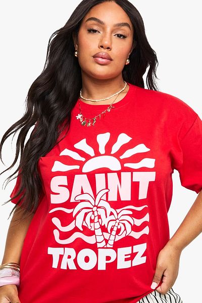 The Champ Clothing Tricou pentru femei de mărime mare, 100% bumbac, roșu, oversize SAINT TROPEZ, model de vară imprimat de vară
