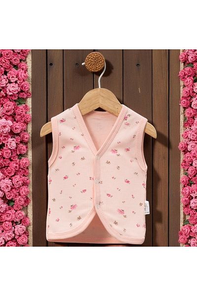 Mini Okyanus Luvvera Pink Flower Patterned Baby Girl Cotton Vest (0-3-6-9 Months)