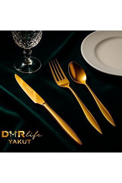 DMR LİFE طقم ملاعق شوكة ذهبية 18 قطعة من ياكوت (18 قطعة طعام) 18/10