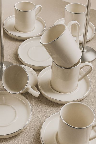 Kitchen Life 12 Pieces Stackable Platinum Silver Gilt Coffee Cup Set for 6 People - Coffee Cup Set 100ml