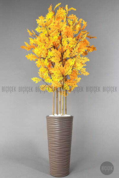 BİÇİÇEK Yapay Bambu Gövdeli Sonbahar Çınar Ağacı 180cm 5 Bambulu Bej Renk Kumsal Saksıda Yapay Ağaç