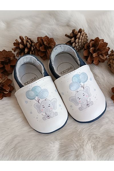 Hodore Noxi Elephant Printed Genuine Leather Baby Booties Moccasins