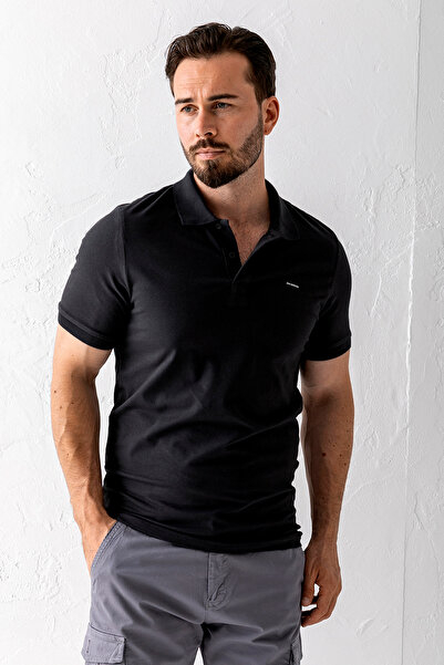 JB John Borners Pánské bavlněné tričko Polo Neck s potiskem černé - 25Y 2061