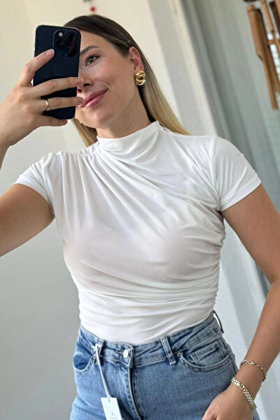 Kubos Moda Half Fisherman Short Sleeve Drawstring White Blouse