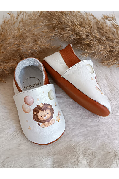 Hodore Noxi Lion Printed Genuine Leather Baby Booties Moccasins