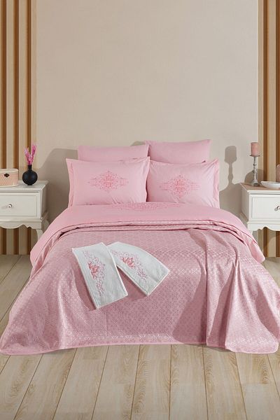 Sevim Tivoli Embossed Embroidered Pique Σετ 8 τεμαχίων γάμου με πετσέτες - Diana - Powder