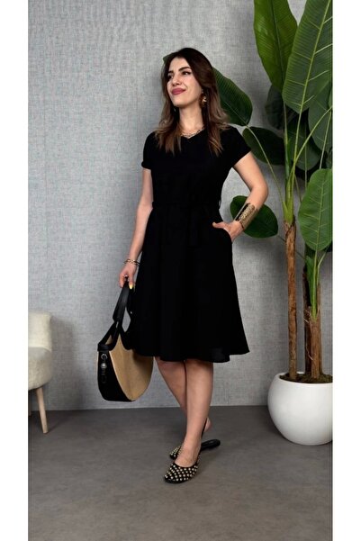 Genel Markalar Kadın Kısa Kollu V Yakalı Beli Kuşaklı Ithal Keten Elbise