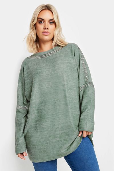 Stil Diva Long Sleeve Crew Neck Large Size Sweater with Staple Detail -303075