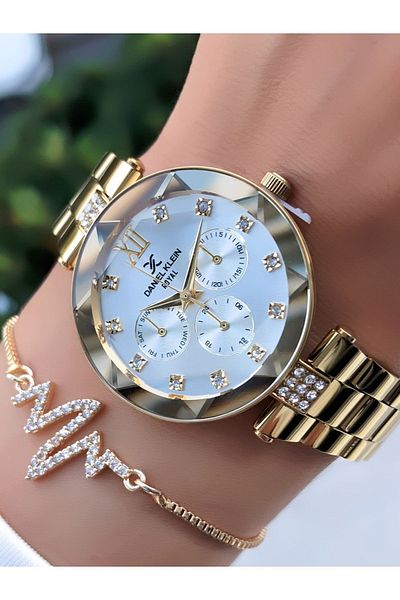 Daniel Klein Original Gold Color Women's Wristwatch with Billed Bracelet Gift