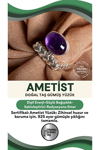 OSMANLI DEĞERLİ TAŞ SERTİFİKALI Ametist Doğal Taş 925 Ayar Gümüş Yüzük