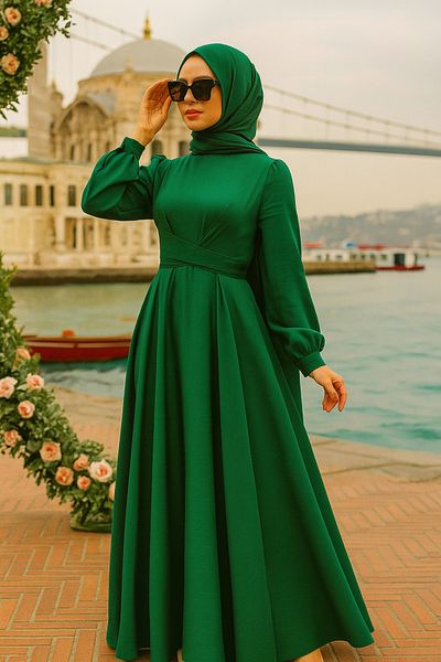 Neva Style فستان سهرة حجاب أخضر مع تفاصيل ربط 3064y