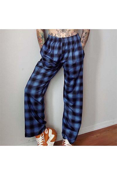 Köstebek Anime Harajuku Streetwear Navy Blue Μαύρο καρό άνετο (UNİSEX) παντελόνι