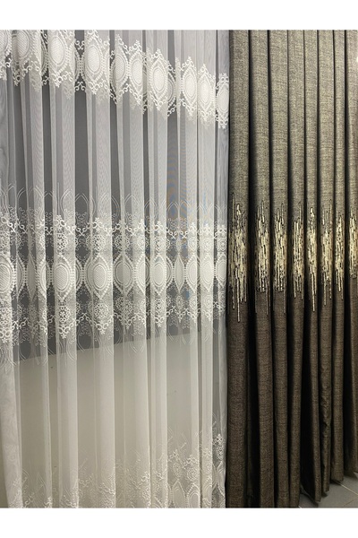 CY HOME Ağır Gramajlı Badem Desenli 3 Sıra Tül Yıkanabilir Kırışmaz 1x3 Sık Pile